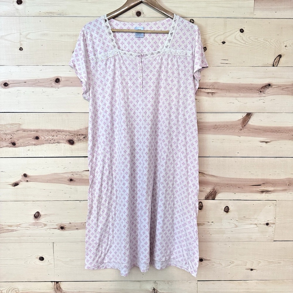 Nick & Sarah Plus Intimates Womens 1X Pink Floral Lace Trim Nightgown
